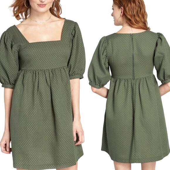 Modcloth Sunset Soiree Mini Dress Swiss Polka Dot Puff Sleeve Babydoll Green 10 - Picture 1 of 10